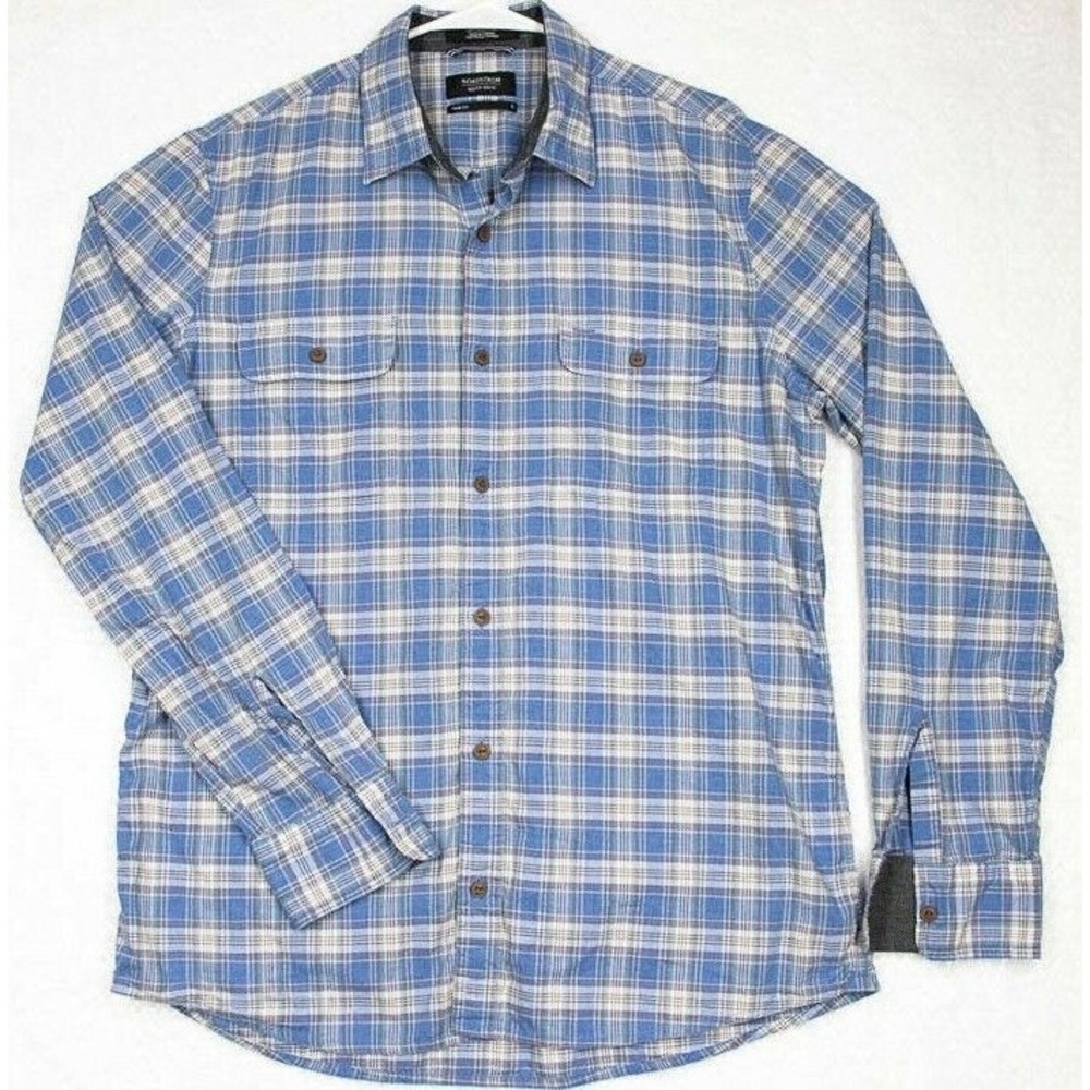 Nordstrom Mens Shop Trim Fit Long Sleeve Plaid Shirt Blue Large